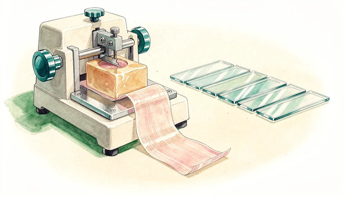 A microtome holds a tissue block while a curled translucent ribbon rests beside glass slides