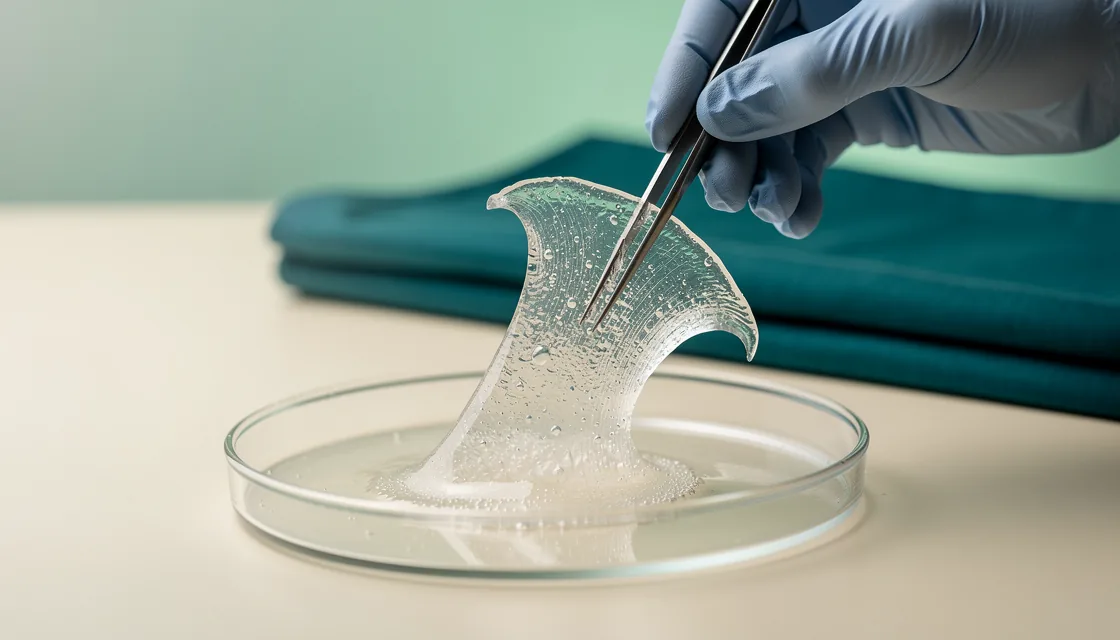 Gloved hands lift a clear hydrogel sheet above a shallow dish on a cream laboratory bench