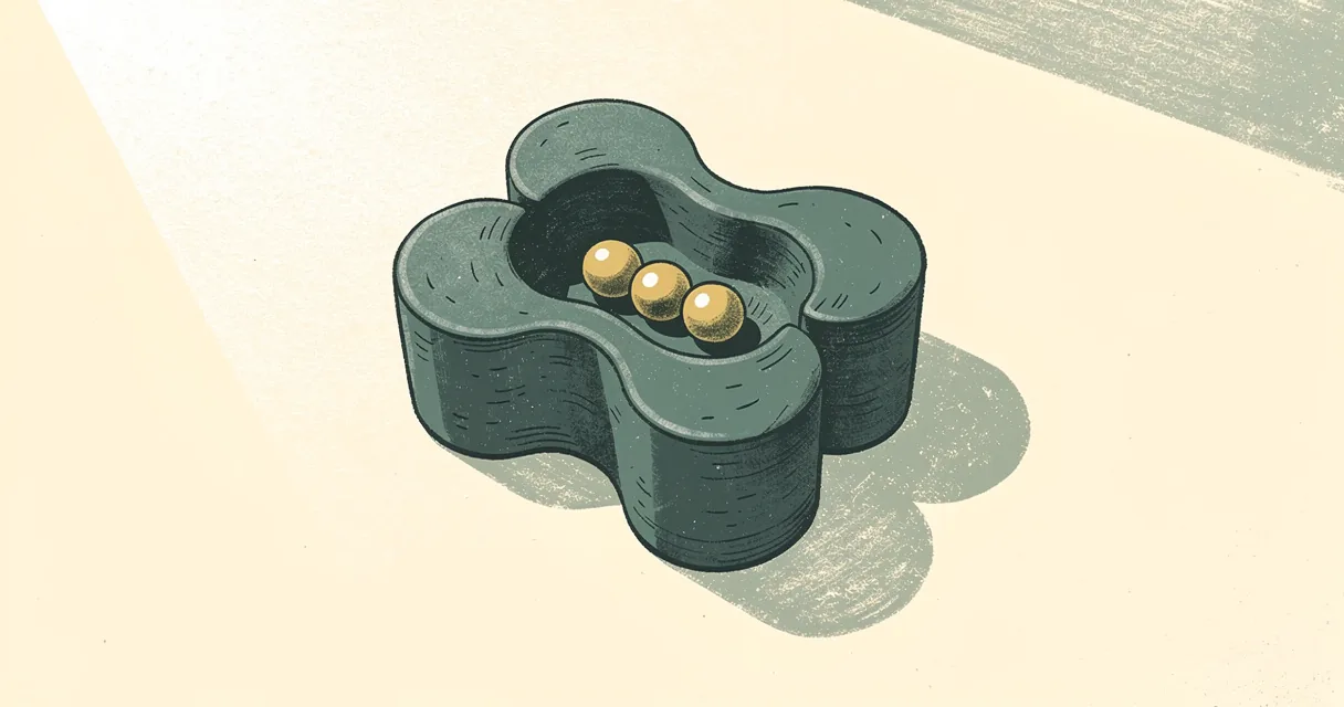 Linocut of a clay transporter model with two rounded lobes cradling a three-bead peptide in a central pocket