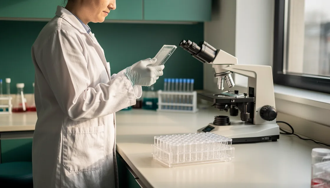 A technician holds a clear multiwell plate beside a microscope at a bright laboratory bench